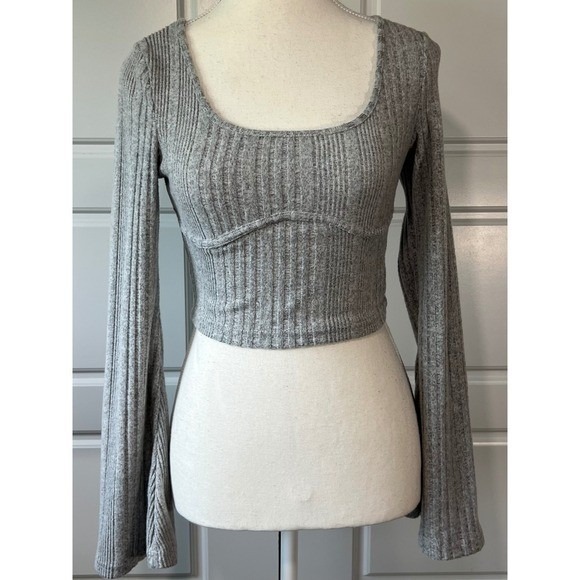 Shein Grey Ribbed Bell Sleeve Square Neck Soft Crop Top Y2k Women's Xs